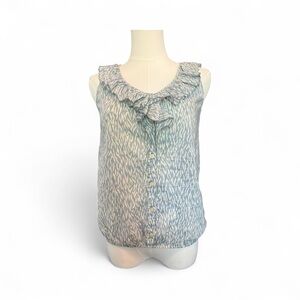💙🤍 EUC LOFT Blue & White Abstract Ruffle Collar Sleeveless Blouse | Sz XXSP